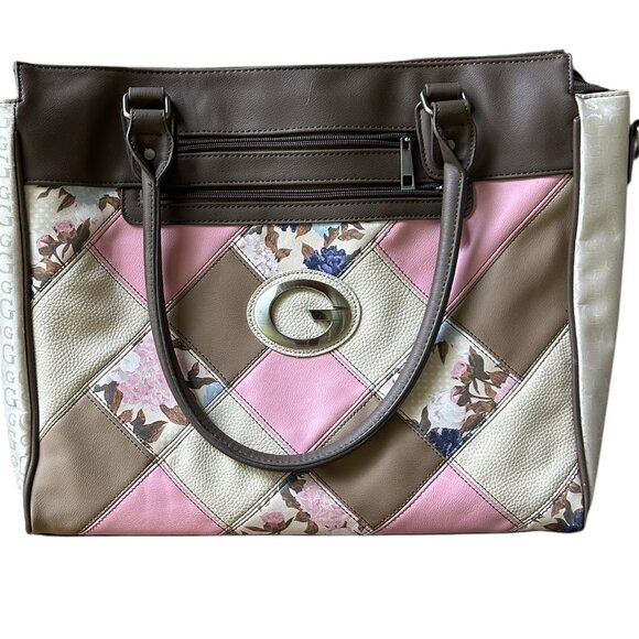 GUESS Pink Tan Brown Floral Patchwork Tote Bag Vegan Leather Large Trendy - Picture 1 of 9